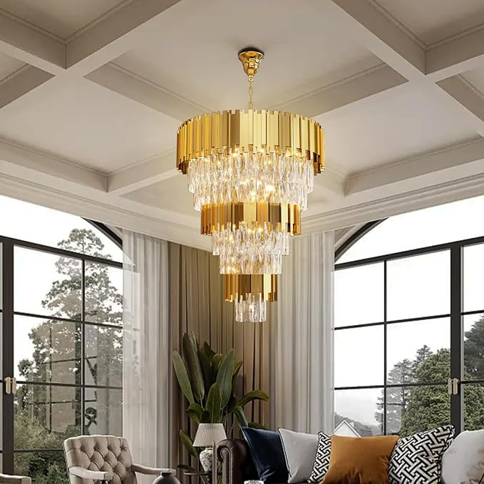 Modern Tier Crystal Chandelier for High Ceiling Luxury 8-Tier Round Chandeliers 11-Light Large Gold Crystal Chandelier for Entryway Adjustable Height D24in