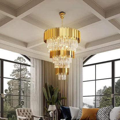 Modern Tier Crystal Chandelier for High Ceiling Luxury 8-Tier Round Chandeliers 11-Light Large Gold Crystal Chandelier for Entryway Adjustable Height D24in