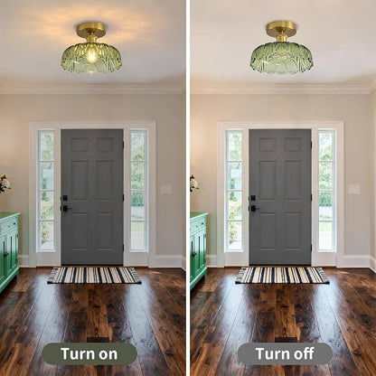 Semi Flush Mount Ceiling Light Mid Century Modern Floral Green Glass Shade, Close to Ceiling Lighting Fixtures for Bedroom, Bathroom, Kitchen, Closet Laundry Room, Foyer and Hallway 9.45 in