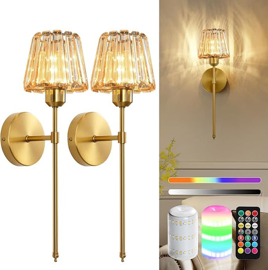 Battery Operated Crystal Wall Sconce Set of 2, Amber Rechargeable Wireless Wall Sconces with Remote Dimmable 12 Colors Modes Led Wall Lights for Bedroom Living Room Hallway, 2 Bulbs Included