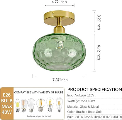 Luafac Green Glass Semi Flush Mount Ceiling Light - 2 Pack,7.9 Inch Hammered Glass Hallway Light fixtures Ceiling, Vintage Gold Art Deco Ceiling Light for entryway Foyer Laundry Room Kitchen