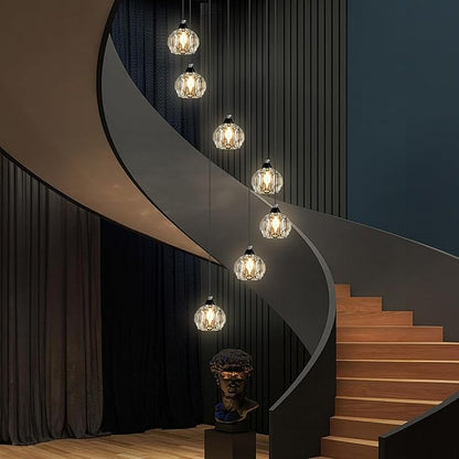 Weesalife Crystal Chandeliers for Staircases, 7-Light Black Modern Chandeliers for High Ceilings，Crystal Pendant Light Fixture for Living Room Kitchen Island Foyer Hallway Bar