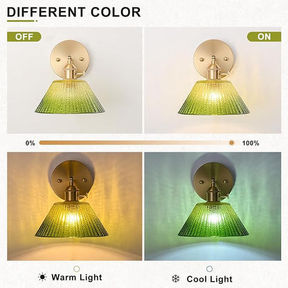 Wall Sconces Set of Two Hardwired, Vintage Wall Light with Gradient Green Glass Lampshade, Bathroom Wall Sconces with Switch, Gold Wall Light Wall Decor Set of 2