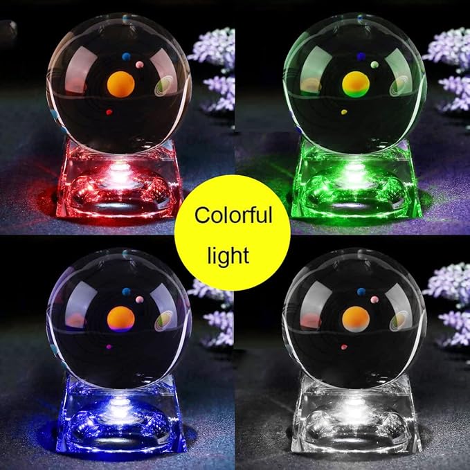 Zulux Solar System Balls - Crystal Ball for Kids with LED Lamp Base, Clear 80mm(3 inch) Glass Sphere for Birthday Gifts, Teacher Gifts,Gift for Anniversary and Boyfriend Birthday