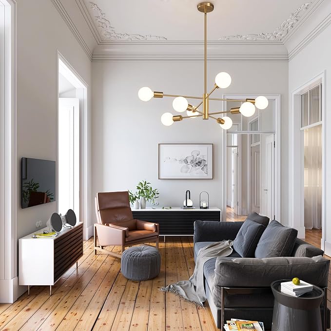 RUIYEY Modern Sputnik Chandeliers Light, 8-Light Gold Dining Room Chandelier Over Table, E26 Mid Century Ceiling Light Fixtures Height Adjustable Hanging Pendant Lighting for Entryway Foyer