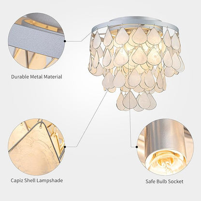 3-Light Teardrop Capiz Shell Ceiling Light, Coastal Design Flushmount Close to Ceiling Light for Kitchen, Dining Room & Bedroom, D11 * H11 inch, Silver Finish