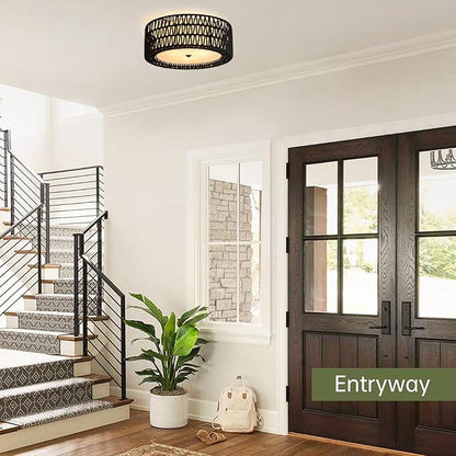 Boho Flush Mount Ceiling Light, 3-Light Rattan Light Fixture Bedroom Light Fixtures 15.7" Modern Black Ceiling Light for Nursery Hallway Entryway Kitchen Dining Room