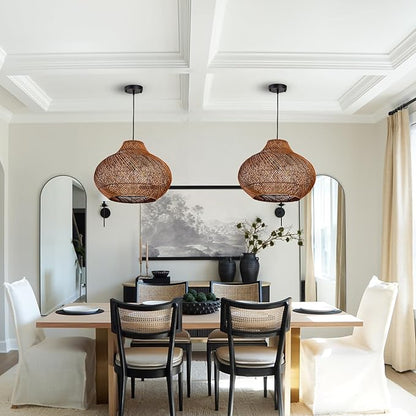 19inch Large Rattan Chandelier, Rattan Woven Chandeliers Dining Room Boho Light Fixture 3-Light Wicker Rustic Hanging Light for Kitchen Island Living Room Foyer Restaurant