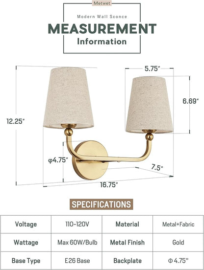 2-Light Bathroom Light Fixtures, Brushed Gold Vanity Lights, Double Wall Sconce with Brown Fabric Shade, Modern Sconces Wall Lighting for Hallway Bedroom Stairway, VL837-BG-L-2
