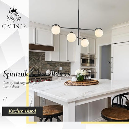 CATINER Black Sputnik Chandelier, Modern 4 Lights L31 '' Large Mid Century Long Ceiling Pendant Light Fixtures with Milk Glass Globe Shades for High Ceiling Living Dining Room Foyer Bedroom