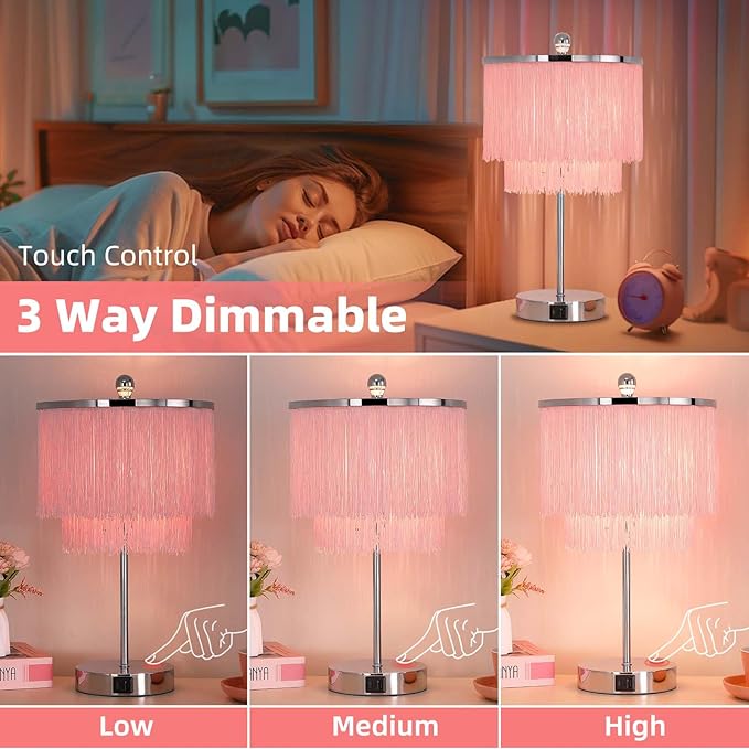 Pink Lamps Set of 2 for Girls Room, 3-Way Dimmable Touch Lamps with USB Port, Girls Lamps with Tassel Lampshade for Bedroom, Living Room, Dresser, Nightstand, LED Bulbs Included