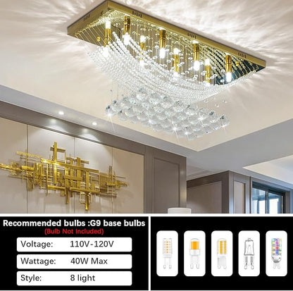 Modern Chandelier Crystal Chandelier Flush Mount Chandelier Gold Rectangle Crystal Raindrop Chandelier 8 Lights Ceiling Light Fixture Pendant Lamp for Kitchen Island Dining Room Closet Wedding Decor
