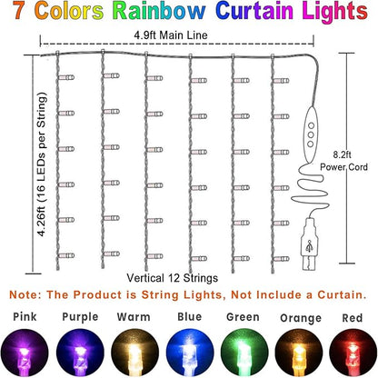 Rainbow Fairy String Curtain Lights with Remote, Twinkle LED Ombre Light Curtain for Girls Room, Kid's Bedroom, Teen Room, Unicorn Theme, Party, Easter Décor Gift (Rainbow)