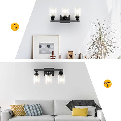 3-Light Bathroom Light Fixtures, Black Bathroom Vanity Light with Clear Glass Shade, Modern Bathroom Wall Lights Over Mirror, Farmhouse Wall Sconces Lighting for Bedroom LivingRoom