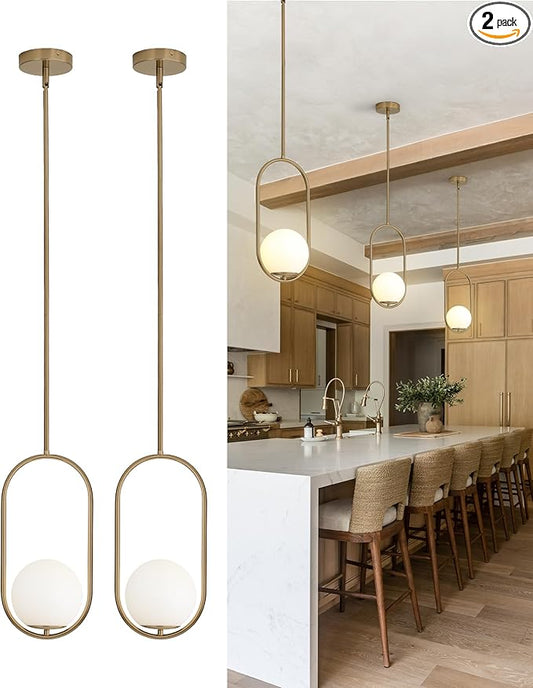 Yunnix Pendant Lights Kitchen Island, Pendant Light Fixtures, 2 Pack Modern Champagne Bronze Globe Glass Pendant Lighting, Mid Century Chandelier One Light for Bathroom Bedroom Dining Room