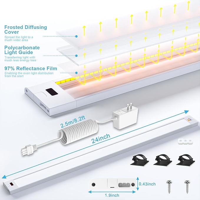 WOBANE Under Cabinet Lighting, 24 inch Plug in LED Counter Light Bar, Hand Wave Activated, Touchless Dimmable for Kitchen Cabinet, Shelf, Under Desk, Color Tunable 2700K to 6500K,White Panel,1400LM