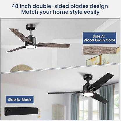 Newday 48 Inch Ceiling Fans with Lights Remote, Black Ceiling Fans Dimmable 3 Color Temperature, Timer, 3 Blades, 6 Speed Modern Fan Quiet Reversible DC Motor for Indoor or Covered Outdoor