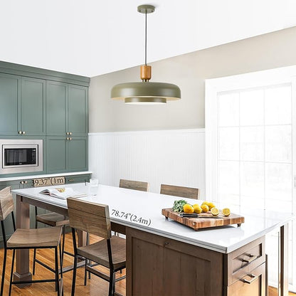 Mid Century Pendant Light 19.68" - Natural Wood Brass Accent, 2-Layer Deep Green Shade for Dining Room Kitchen