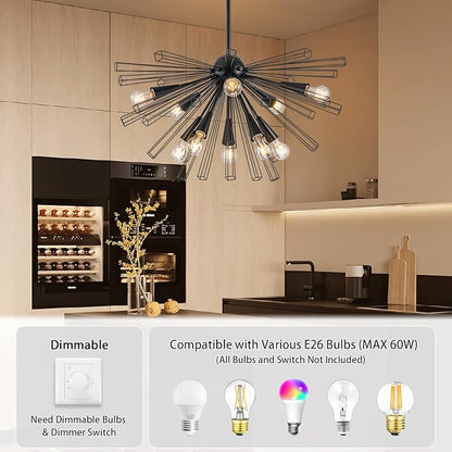 10-Light Black Sputnik Chandelier, 33" Modern Starburst Dining Room Light Fixture, Adjustable Height Rustic Solid Metal Large Sputnik Chandeliers for Living Room Bedroom Kitchen Foyer