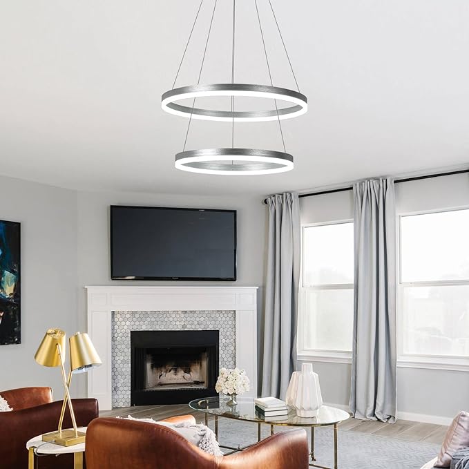 2-Rings Modern LED Chandelier Silver for Dining Room, Dimmable Pendant Lighting with Remote Control Circular Flush Mount High Ceiling Light for Bedroom Living Room Foyer, 3000K-6500K