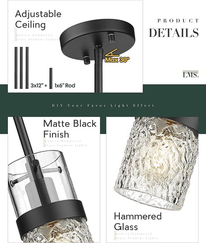 LMS Glass Pendant Lights Kitchen Island 2-Pack, Modern Black Pendant Light Set of 2 with Hammered Glass and Rods, Mini Hanging Lighting for Kitchen Island, Bathroom, Bedroom, LMS-201