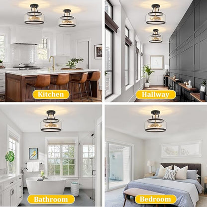3-Light Semi Flush Mount Ceiling Light Modern Glass Drum Entryway Chandelier Black and Gold Hallway Lights Kitchen Ceiling Lighting Fixtures for Bedroom Foyer Laundry Bathroom Dining Room