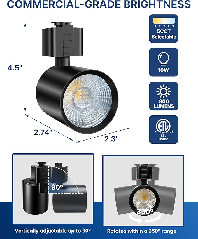 FLSNT LED J Track Lighting Heads, 10W (60W Eq.), 5CCT (2700K-5000K), 800LM CRI90 Dimmable Track Light Head, 36°COB Spotlight, J Type Compatible Track Light for Accent Lighting, Black, 12 Pack