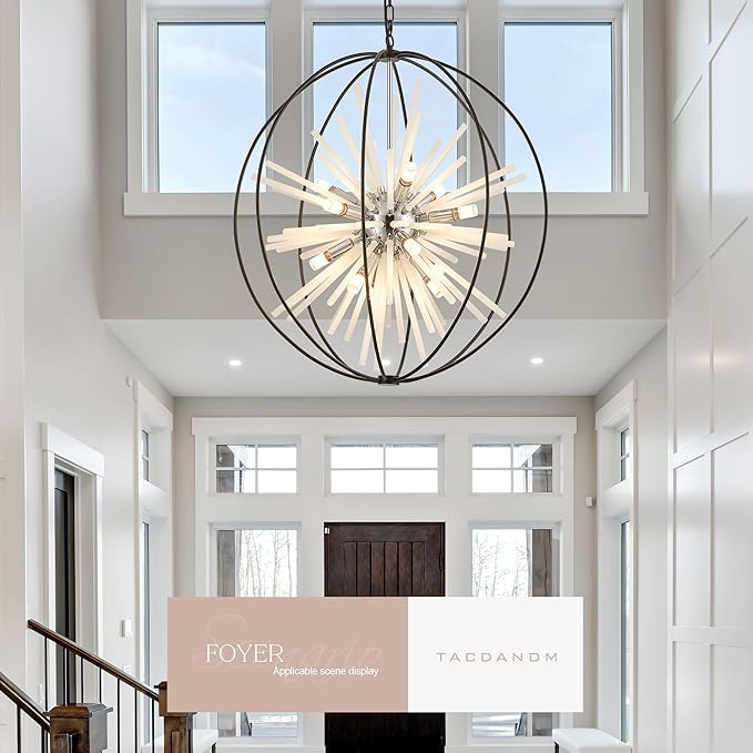 31.5" Black Chrome Large Globe Sputnik Chandelier, 12-Light Mid Century Modern Glass Tube Satellite Light Fixture for High Ceiling Living Room Dining Room Entryway Stairway, E12