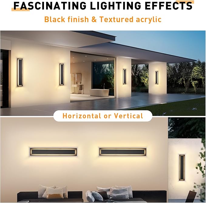 Modern Outdoor Wall Lights -𝟐𝟒 𝐈𝐍 Long Exterior Lighting Fixtures,Black LED Outdoor Wall Sconce Use for House,Porch,Garage,Front Door, Patio,IP65 Waterproof,3000K Warm White,24W,2 Packs