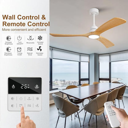 Ceiling Fan with Light 52 inch,Remote Control,Wall Switch,Solid Wood Blades,Dimmable,Reversible Quiet DC Motor,Power Off Memory Modern White Ceiling Fan Indoor/Outdoor for Bedroom Patios