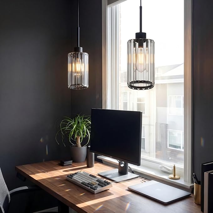 Modern Clear Fluted Glass Pendant Light 2 Pack - Adjustable E26 Hanging Lamp for Kitchen Island & Dining Room