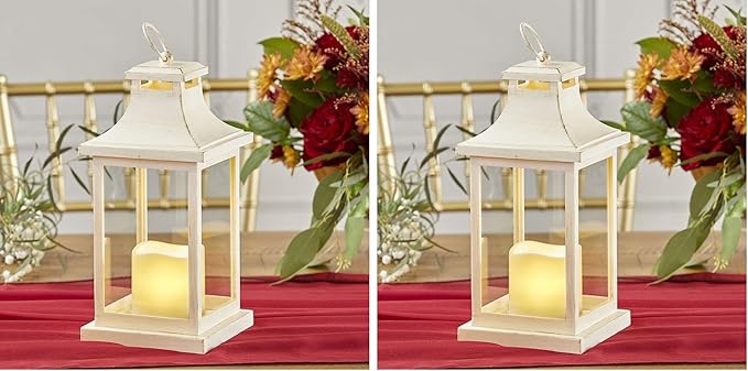 Kate Aspen LED Vintage Decorative Ivory Hampton-Rustic Home Shelf Decor Lantern, One Size (Pack of 2)