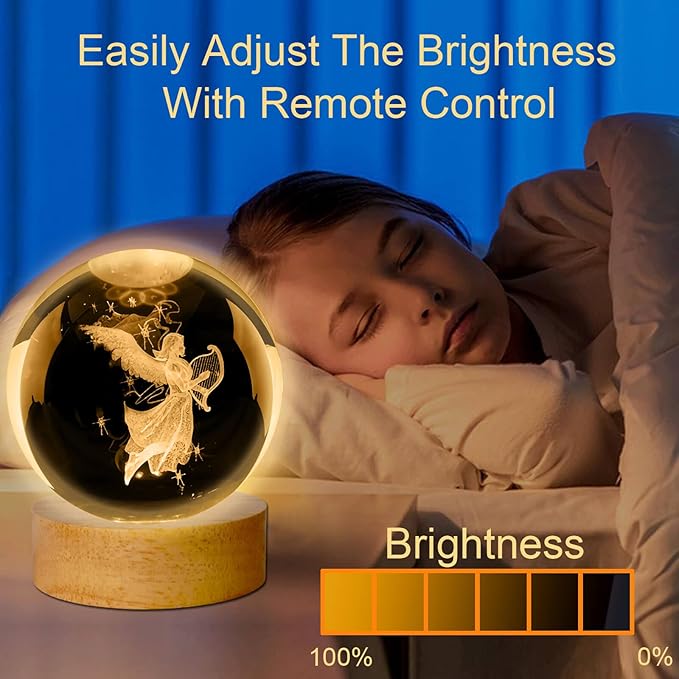 Guardian Angel Crystal Ball Lamp,16 Colors Glass Angels Figurine Ball Night Light with Wooden Base and Remote Control, Angels Gifts and Birthday Gift for Women Men Kids (Angel)