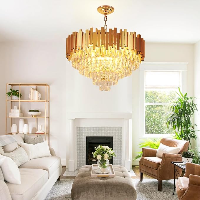 Depuley Modern Gold Crystal Chandelier: 9-Light 4-Tier Flush Mount Chandelier 12 Inch Luxury Round Hanging Pendant Light Fixture for Bedroom Dining Room Living Room Included Bulbs