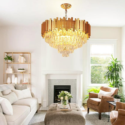 Depuley Modern Gold Crystal Chandelier: 9-Light 4-Tier Flush Mount Chandelier 12 Inch Luxury Round Hanging Pendant Light Fixture for Bedroom Dining Room Living Room Included Bulbs