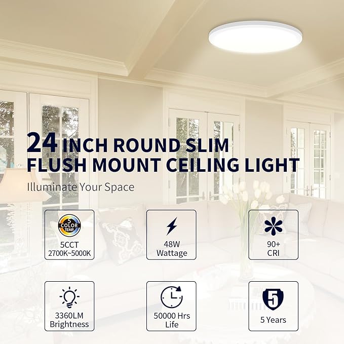 mw 24 Inch Flush Mount Ceiling Light, 3360LM, 5CCT 2700K/3000K/3500K/4000K/5000K, 120V, Dimmable Ultra Slim Modern LED Ceiling Light, Damp Location for Bedroom, Kitchen, Laundry Room, ETL Listed