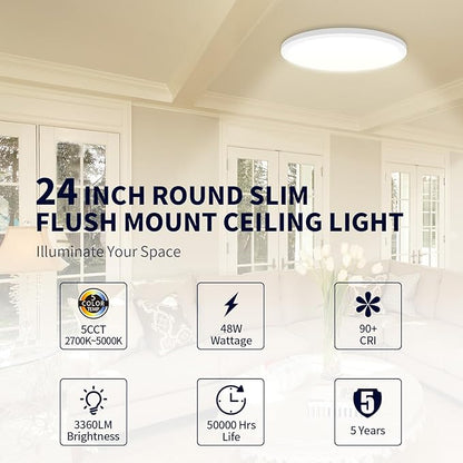 mw 24 Inch Flush Mount Ceiling Light, 3360LM, 5CCT 2700K/3000K/3500K/4000K/5000K, 120V, Dimmable Ultra Slim Modern LED Ceiling Light, Damp Location for Bedroom, Kitchen, Laundry Room, ETL Listed