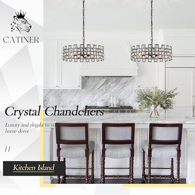 CATINER Black Crystal Semi Flush Mount Ceiling Light, 18'' Modern 6-Light Chandelier with G9 Base, Adjustable Crystal Ceiling Light Fixture for Dining Room, Bedroom, Entryway, Kitchen Island