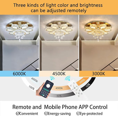 HAIXIANG Glam Crystal Chandelier for Living Room Dining Room Chandeliers Light Fixtures LED Remote Dimmbale Lighting for Dining Room Bedroom Living Room Gold 40W LEDs Lights