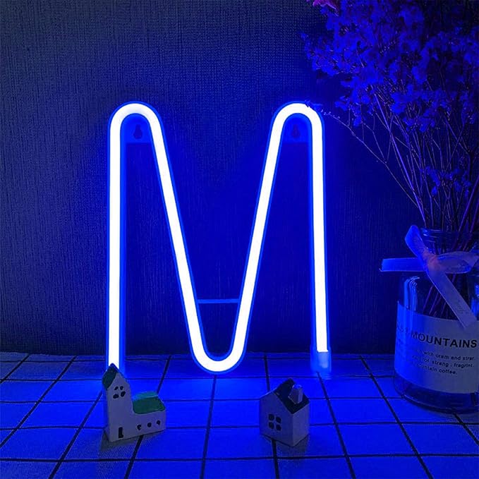 LED Neon Lights - Blue LED Neon Word Signs Battery/USB Operated Wall Lights for Home Room Wedding Birthday Party Christmas (M)