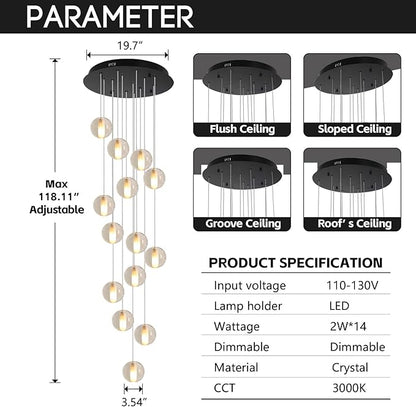 14 Lights Staircase Chandelier for High Ceiling, Dimmable Modern Crystal Raindrop Large Long Hanging Pendant Light for Stairwell Living Room Stair Foyer, Bulbs Included (Black Canopy)