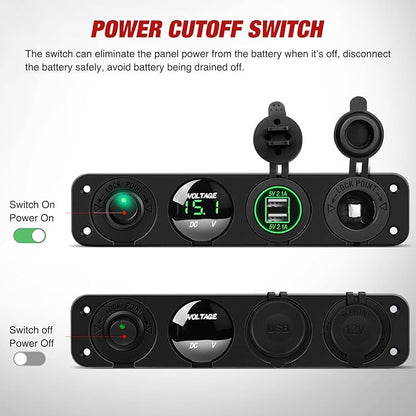 Nilight 4 in 1 ON Off Charger Panel Dual USB Power Outlet Green LED Voltmeter and Cigarette Lighter Outlet LED Lighted On-Off Rocker Toggle Switch for Truck Car Marine Boats RV