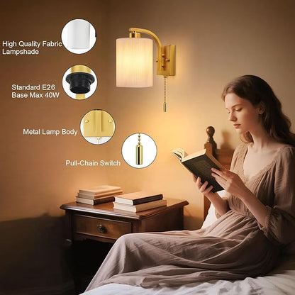 Lightess Wall Sconces with Pull Chain,Vintage Hardwired Pull Cord Wall Light Fixture with on Off Switch,Indoor Wall Lamp for Hallway Bedroom Living Room,Set of Two Gold (Bulbs Not Included)