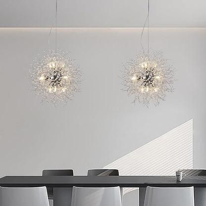 Sputnik Dining Room Chandelier, Modern Dandelion Hanging Lamp, Crystal Beaded Lighting, Round 9-Light Pendant Light Fixtures for Kitchen Island Bedroom Living Room Entryway (Chrome, D19.6inch)