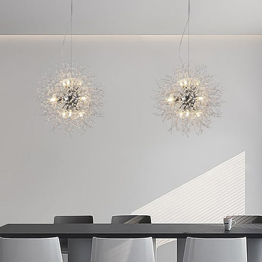 Sputnik Dining Room Chandelier, Modern Dandelion Hanging Lamp, Crystal Beaded Lighting, Round 9-Light Pendant Light Fixtures for Kitchen Island Bedroom Living Room Entryway (Chrome, D19.6inch)