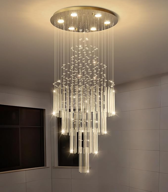 HAIXIANG W20 x H40 Crystal Glam Chandelier Long Light Chandeliers with Dimmable Light Bulbs High Ceiling Light Fixtures for Foyer Entryway Living Room Stair Gold