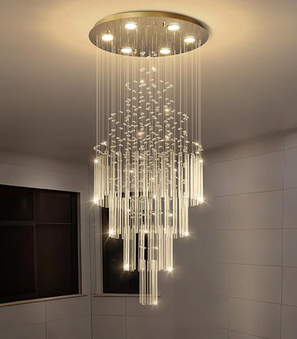 HAIXIANG W20 x H40 Crystal Glam Chandelier Long Light Chandeliers with Dimmable Light Bulbs High Ceiling Light Fixtures for Foyer Entryway Living Room Stair Gold