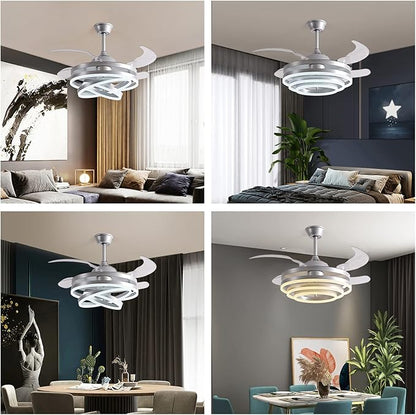 DatingDay 42" Invisible Ceiling Fan Chandelier Light,Modern DIY Ceiling Fan Light Remote Control 4 Retractable ABS Blades for Bedroom Living Dining Room Decoration