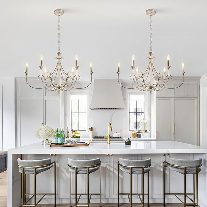 Modern Brushed Nickel Chandelier, 6-Lights Candle Dining Room Light Fixture 36.6in Farmhouse Chandeliers Metal Pendant Lights for Living Room Bedroom Entryway Kitchen Island