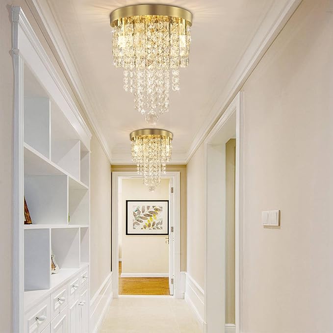 TISLYCO Mini Gold Crystal Chandelier, 3 Light Modern Flush Mount Ceiling Light Fixture, Raindrop Ceiling lamp Beaded Crystal Pendant Lighting for Hallway, Bedroom, Living Room, Dining Room